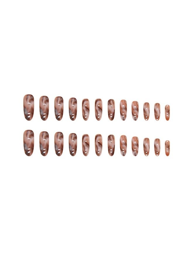 OSTTMA 24Pcs Almond Press on Nails Short Fake Nails Brown Gray Marble False Nails with Gradient Watercolor Halo Designs Glossy Glue on Nail Full Cover Artificial Acrylic Nail for Women Manicure - Image 5